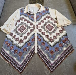 Cato Cream Blouse with Periwinkle Paisley Trim